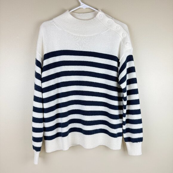 NWOT LOFT Breton Stripe Mock-Neck Sweater w/ Button Shoulder – M - Picture 1 of 8